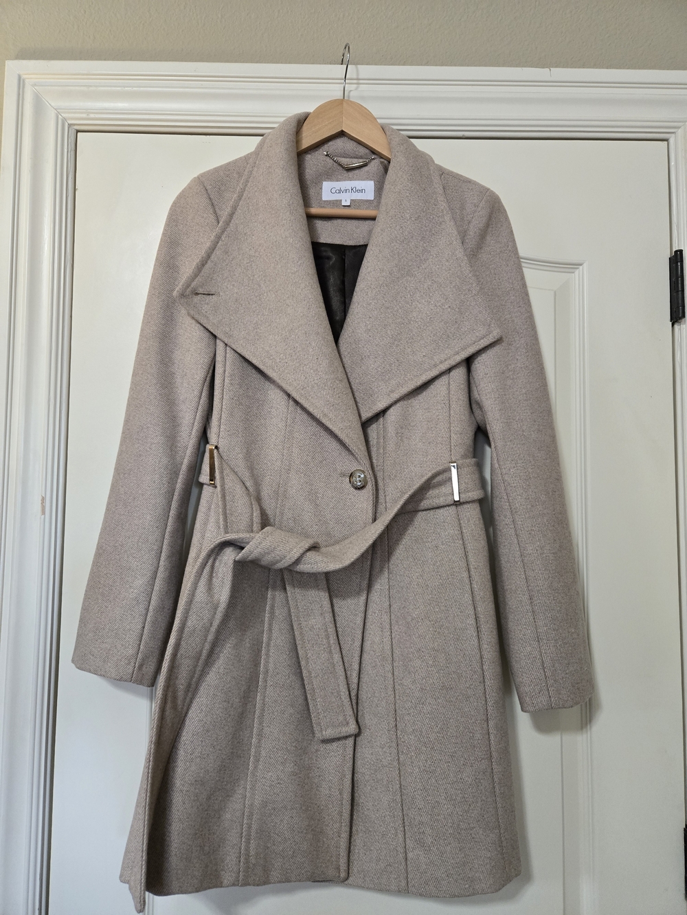 Calvin Klein Women's Light Taupe Belted Wool-Blend Trench Coat Quiet Luxury